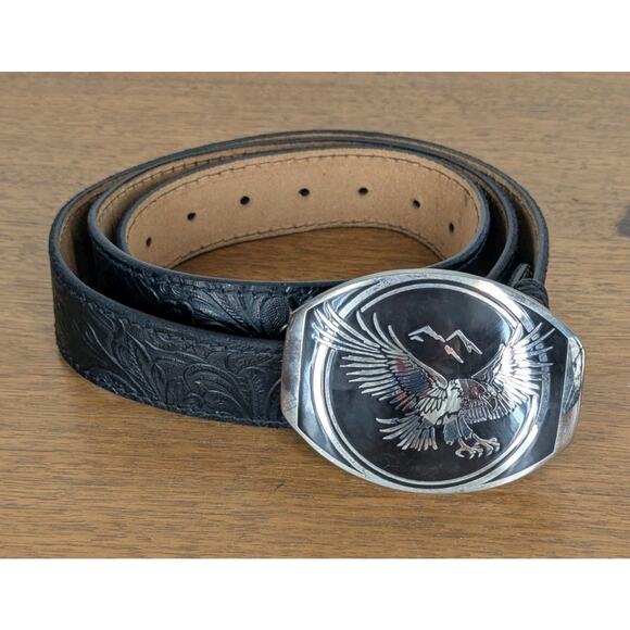 Award Design Medals Belt Buckle On Tooled Leather Belt Size 42-44 Made In USA - Picture 1 of 8